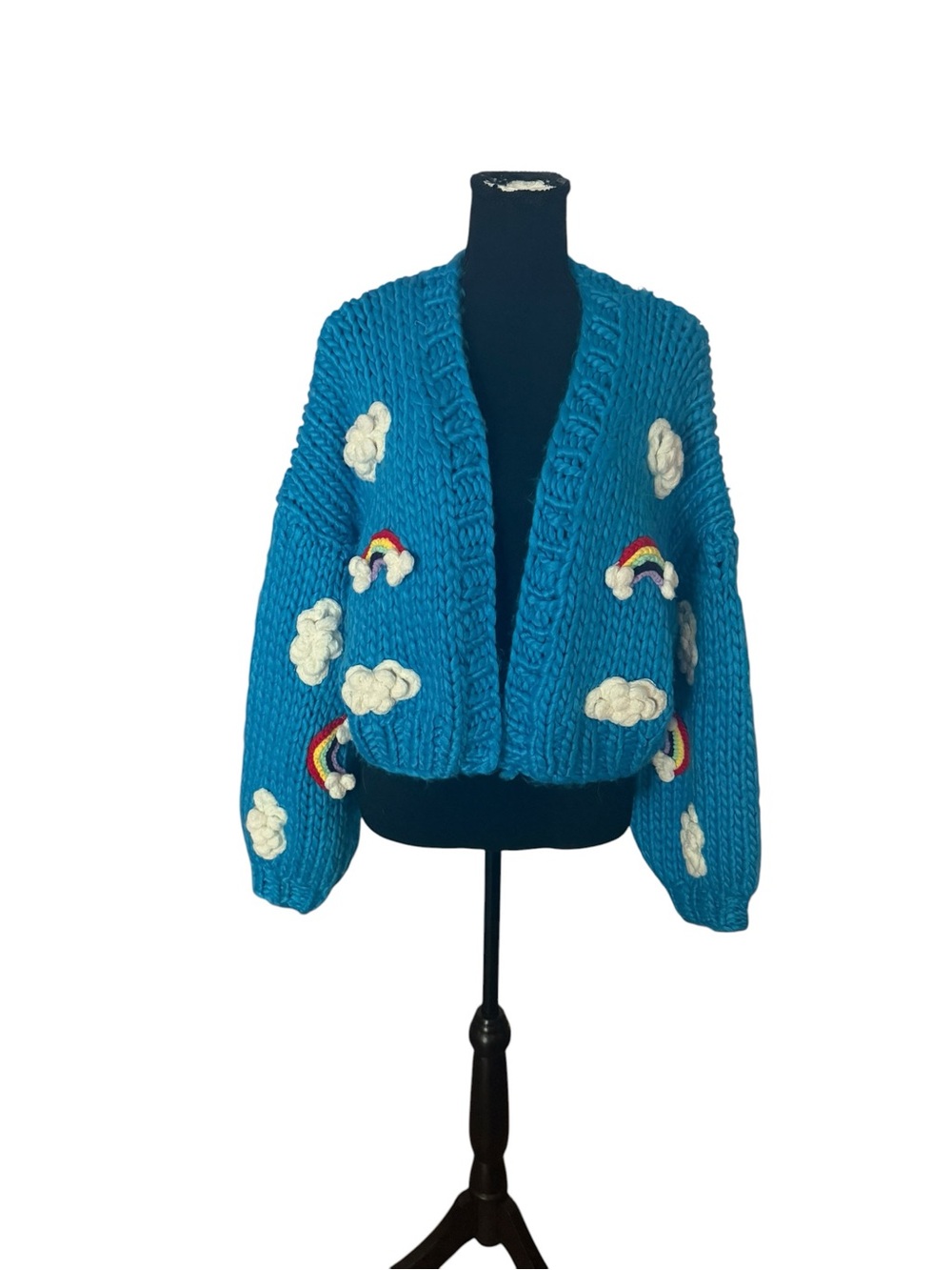 Debut Sweater Womens Sz S/M Blue Cloud Sky Rainbow 3D Knit Art Open Front New